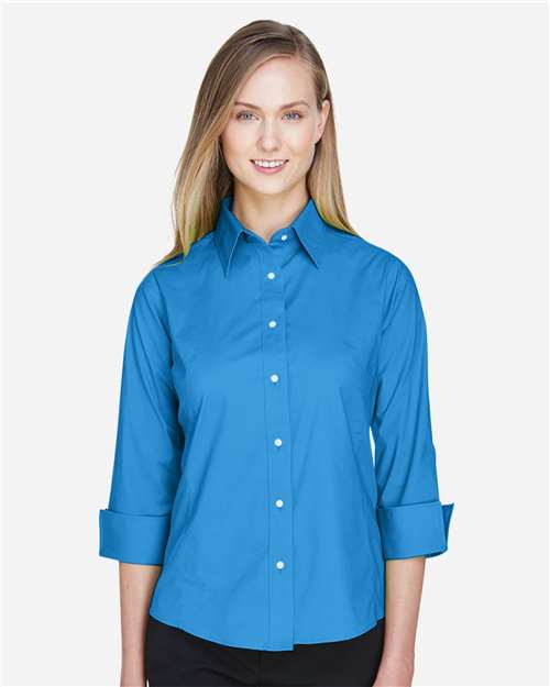 Women's Perfect Fit™ Three-Quarter Sleeve Stretch Poplin Dress Shirt – On Model