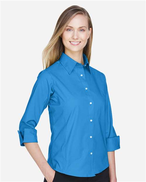 Women's Perfect Fit™ Three-Quarter Sleeve Stretch Poplin Dress Shirt – On Model – Side
