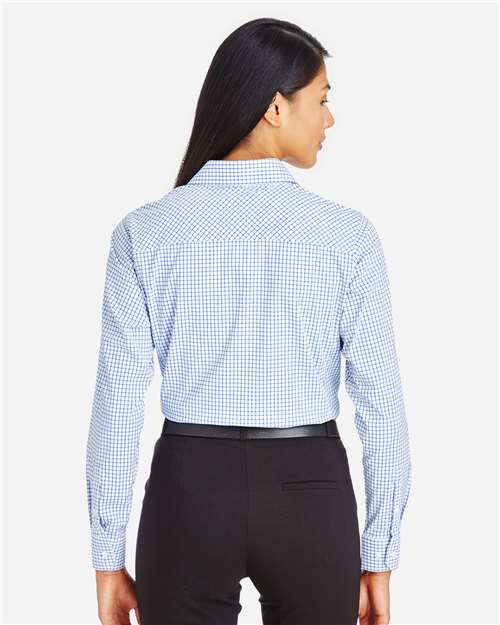Women's CrownLux Performance® Micro Windowpane Woven Dress Shirt – On Model – Back