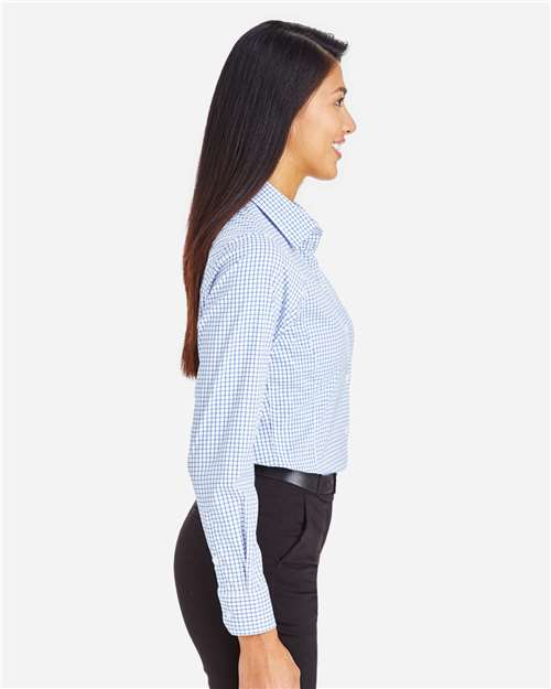 Women's CrownLux Performance® Micro Windowpane Woven Dress Shirt – On Model – Side