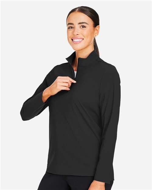 Women's CrownLux Performance® Windsor Welded Quarter-Zip Pullover – On Model – Side