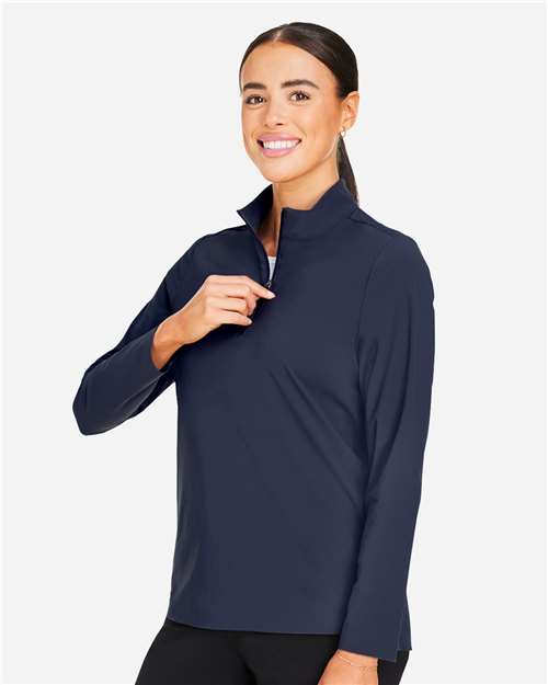 Women's CrownLux Performance® Windsor Welded Quarter-Zip Pullover – On Model – Side