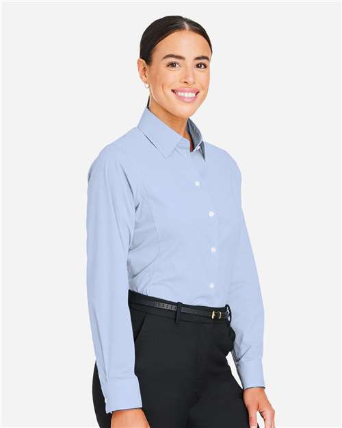 Women's CrownLux Performance® Microstripe Dress Shirt – On Model – Side