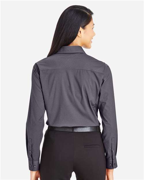 Women's CrownLux Performance® Tonal Mini Check Woven Dress Shirt – On Model – Back