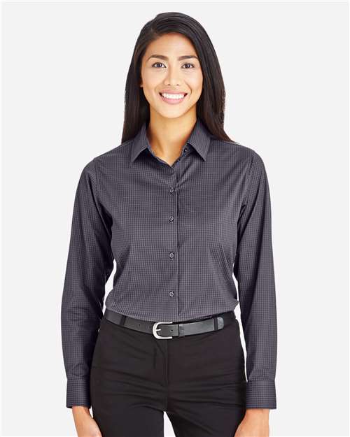 Women's CrownLux Performance® Tonal Mini Check Woven Dress Shirt – On Model