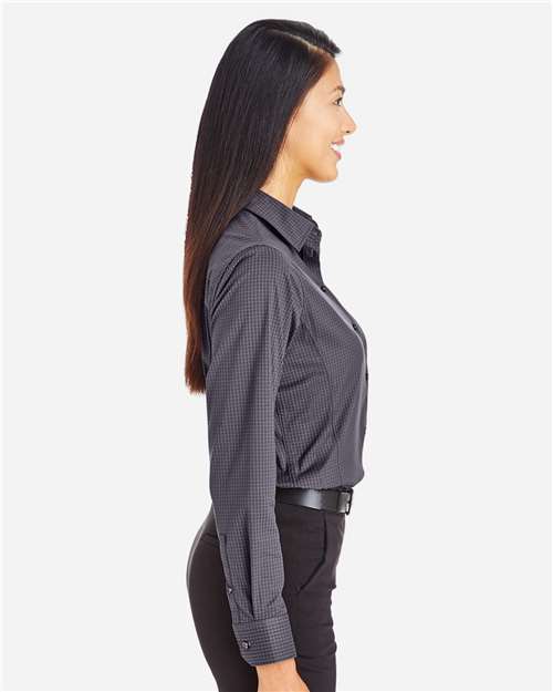 Women's CrownLux Performance® Tonal Mini Check Woven Dress Shirt – On Model – Side