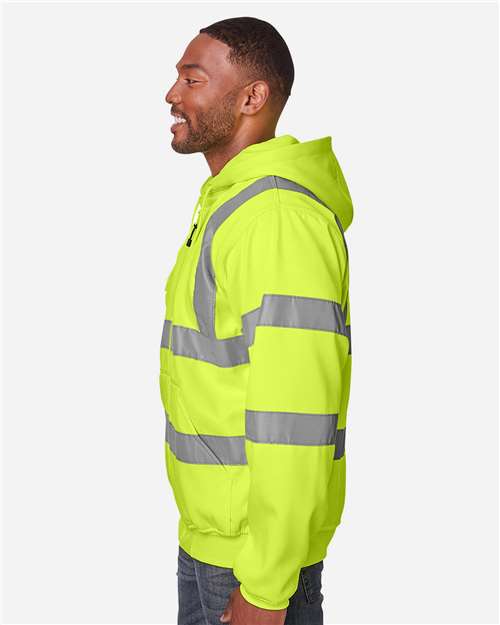 Men's Tall Hi-Vis Class 3 Lined Full-Zip Hooded Sweatshirt – On Model – Side