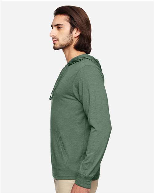 Unisex Eco Jersey Pullover Hooded Long Sleeve T-Shirt – On Model – Side