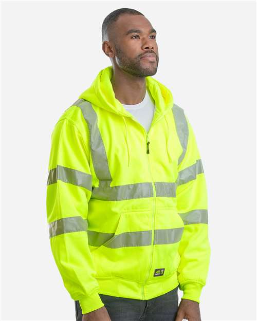 Men's Berne Hi-Vis Class 3 Lined Hooded Sweatshirt – On Model – Side