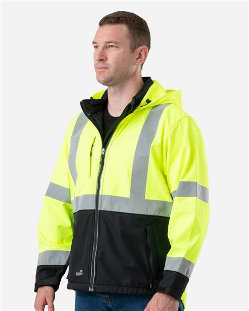 Men's Hi-Vis Class 3 Hooded Soft Shell Jacket – On Model – Side