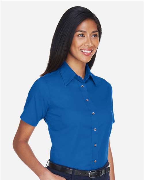 Women's Easy Blend™ Short Sleeve Twill Dress Shirt with Stain-Release – On Model – Side