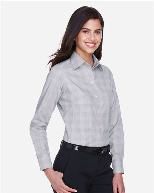 Women's Crown Collection® Glen Plaid Woven Dress Shirt – On Model – Side