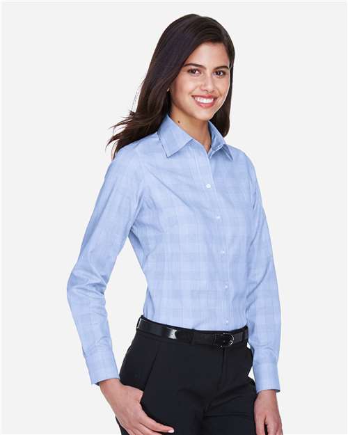 Women's Crown Collection® Glen Plaid Woven Dress Shirt – On Model – Side