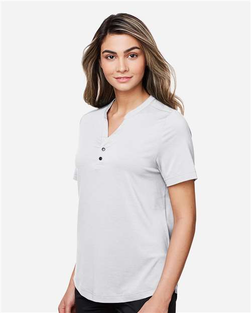 Women's JAQ Snap-Up Stretch Performance Polo – On Model – Side