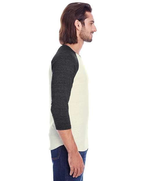 Unisex Triblend Three-Quarter Sleeve Raglan T-Shirt – On Model – Side
