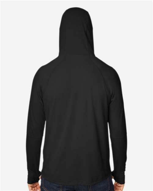 Unisex JAQ Stretch Performance Hooded Long Sleeve T-Shirt – On Model – Back