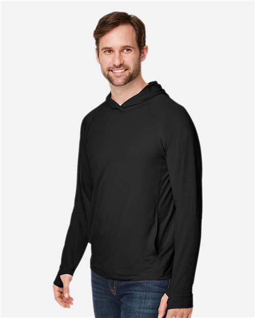 Unisex JAQ Stretch Performance Hooded Long Sleeve T-Shirt – On Model – Side