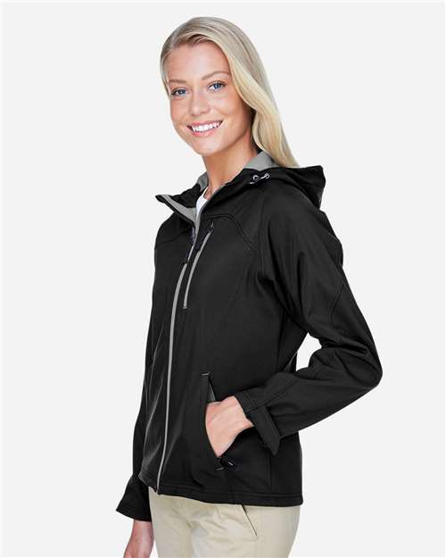 Women's Prospect Two-Layer Fleece Bonded Soft Shell Hooded Jacket – On Model – Side