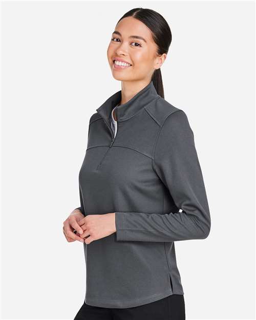 Women's Express Tech Performance Pique Quarter-Zip Pullover – On Model – Side