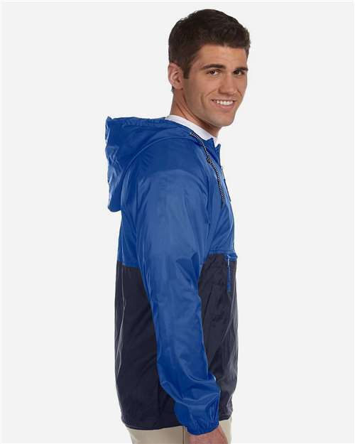 Men's Packable Hooded Nylon Jacket – On Model – Side