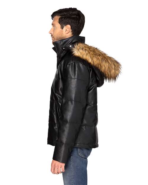 Unisex Vegan Leather Puffer Jacket – On Model – Side