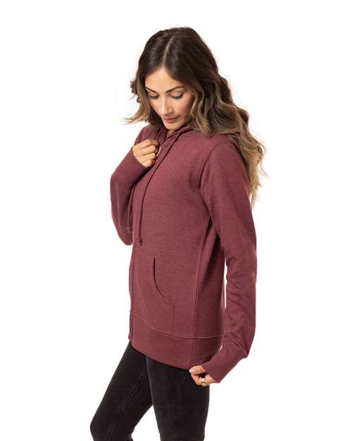 Women's Heathered Full-Zip Hooded Sweatshirt – On Model – Side
