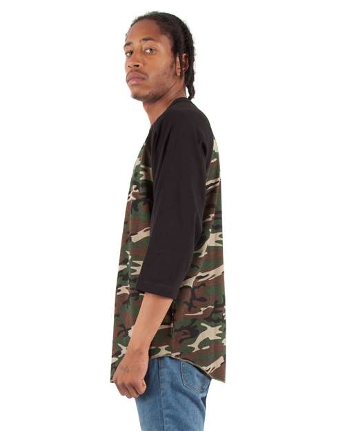 Unisex Camo Raglan Tee – On Model – Side