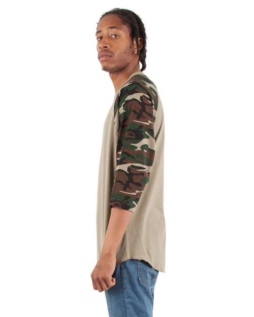 Unisex Camo Raglan Tee – On Model – Side