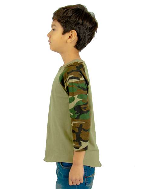 Youth Camo Raglan Tee – On Model – Side