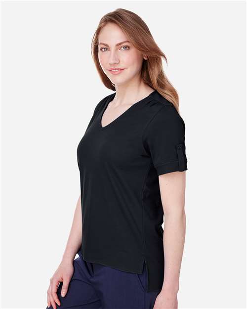 Women's CrownLux Performance® Plaited Rolled Sleeve Shirt – On Model – Side