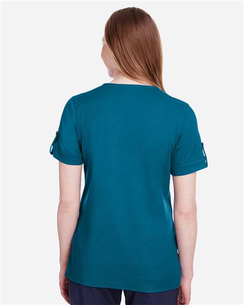Women's CrownLux Performance® Plaited Rolled Sleeve Shirt – On Model – Back