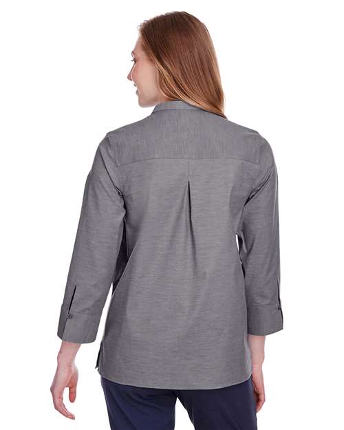 Women's Crown Collection® Stretch Pinpoint Chambra Three-Quarter Sleeve Shirt – On Model – Back
