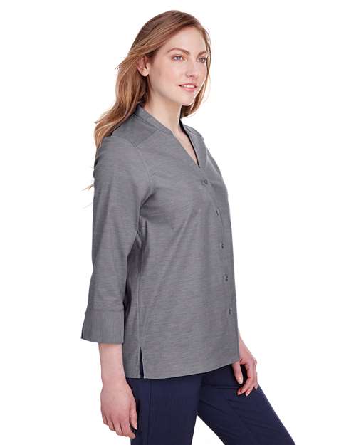 Women's Crown Collection® Stretch Pinpoint Chambra Three-Quarter Sleeve Shirt – On Model – Side
