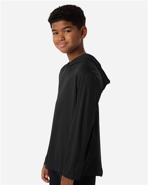 Youth Pro-Lock Performance Hooded Long Sleeve T-Shirt – On Model – Side