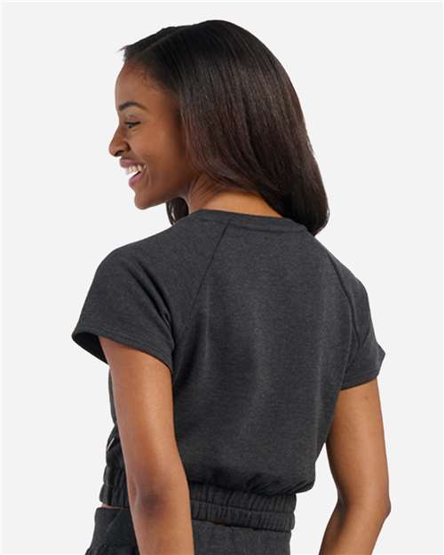 Women's French Terry Short Sleeve Cropped Crewneck Sweatshirt – On Model – Back