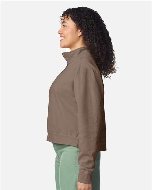 Women's Garment-Dyed Mid-Length Quarter-Zip Sweatshirt – On Model – Side