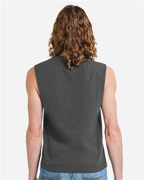 Unisex Heavyweight Cotton Garment-Dyed Boxy Muscle Tee – On Model – Back