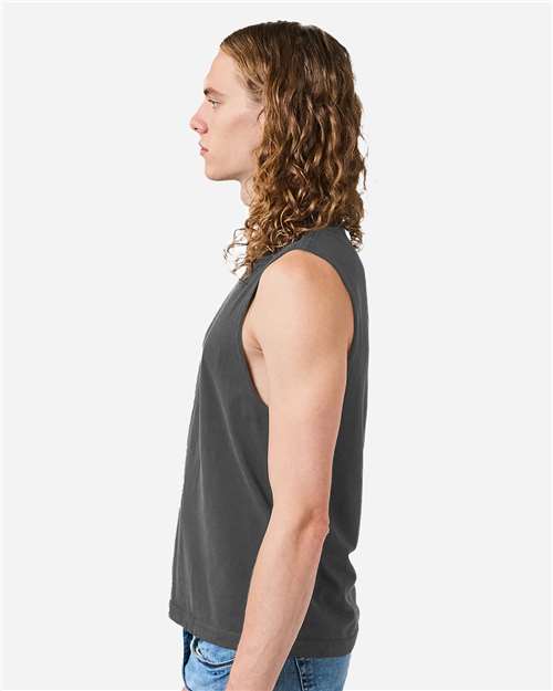 Unisex Heavyweight Cotton Garment-Dyed Boxy Muscle Tee – On Model – Side