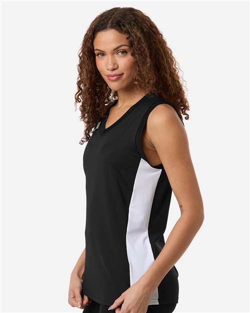 Women's Quickset V-Neck Sleeveless Jersey – On Model – Side