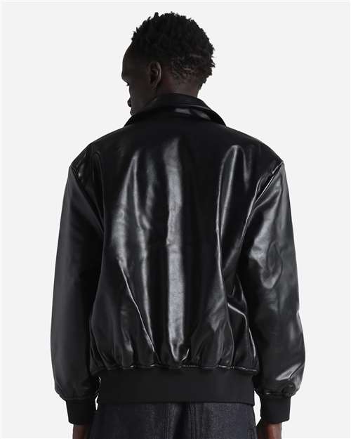 Unisex PU Leather Collared Varsity Jacket – On Model – Back