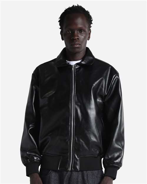 Unisex PU Leather Collared Varsity Jacket