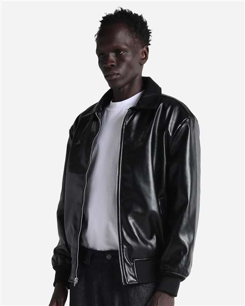 Unisex PU Leather Collared Varsity Jacket – On Model – Side