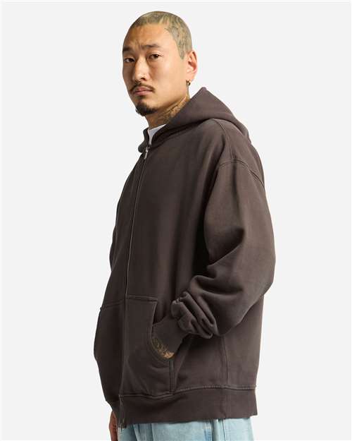 Unisex Max Heavy Garment-Dyed Full-Zip Hoodie Sweatshirt – On Model – Side