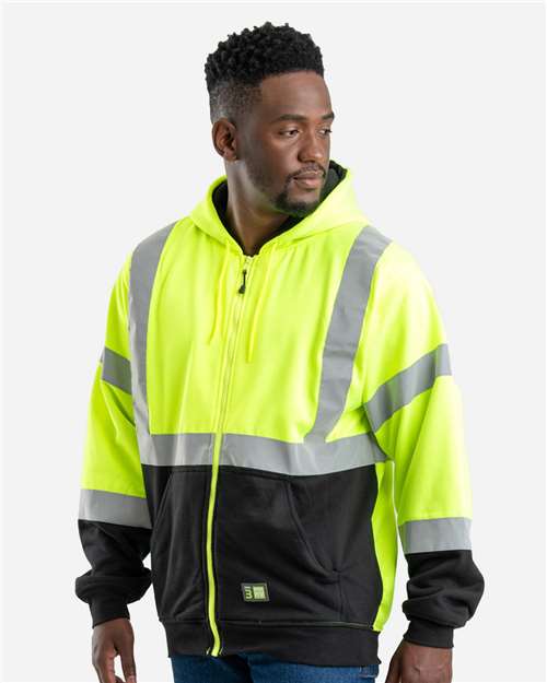 Men's Tall Hi-Vis Class 3 Color Block Full-Zip Hooded Sweatshirt – On Model – Side