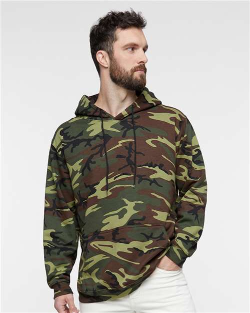 Unisex Camo Fleece Hoodie Sweatshirt – On Model