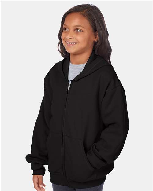 Youth EcoSmart® Full-Zip Hooded Sweatshirt – On Model – Side