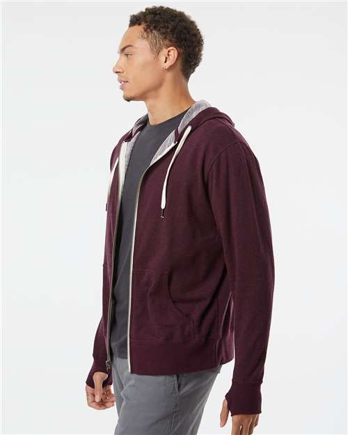 Unisex Heathered French Terry Full-Zip Hooded Sweatshirt – On Model – Side