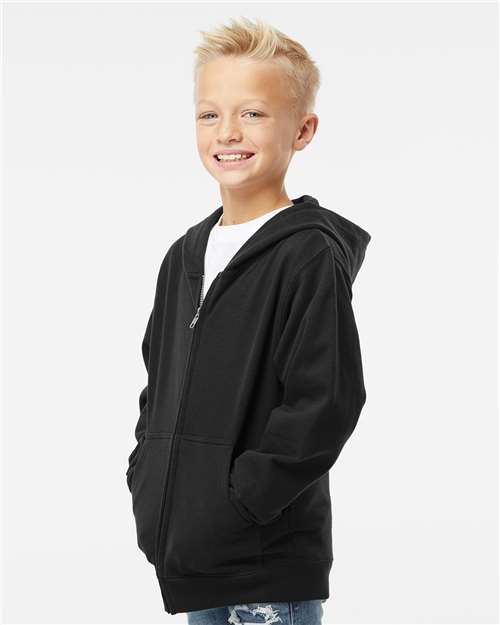 Youth Midweight Full-Zip Hooded Sweatshirt – On Model – Side