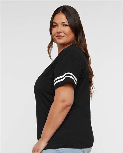 Women's Football V-Neck Fine Jersey Tee – On Model – Side