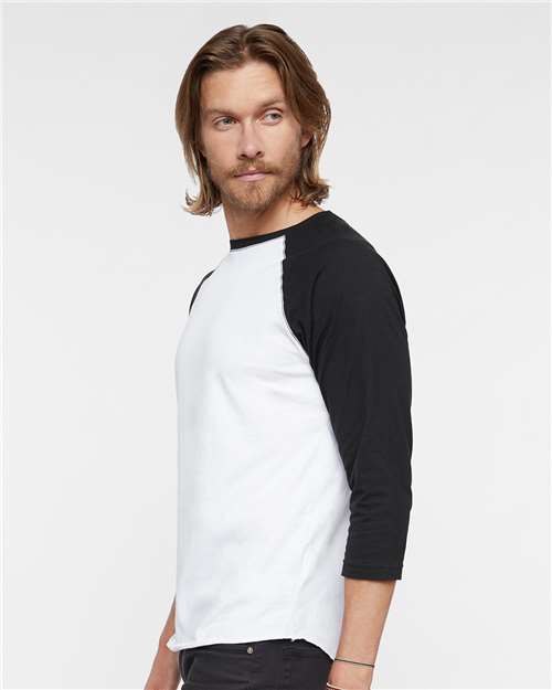 Unisex Baseball Fine Jersey Three-Quarter Sleeve Tee – On Model – Side